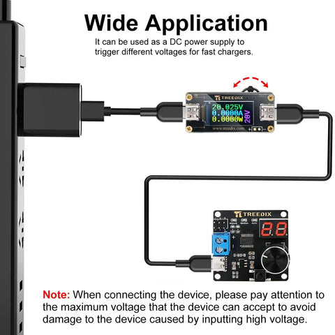 Slick Plug And Play Usb Type C Pd Trigger Module With Dial It In Voltage Setting From Five To Twenty Volts And Steady Five Amp Output packing LCD readouts connected to a wall adapter.