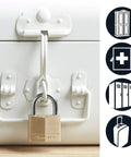 Solid Brass Padlock With Key 2 Pack For Indoor Outdoor Use on storage box, depicting durable weatherproof lock, corrosion resistant body