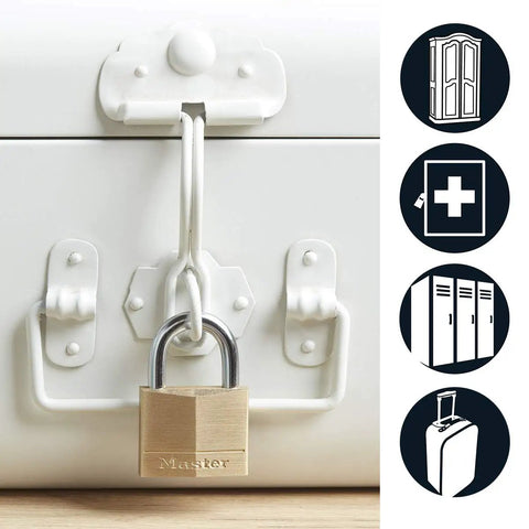 Solid Brass Padlock With Key 2 Pack For Indoor Outdoor Use on storage box, depicting durable weatherproof lock, corrosion resistant body