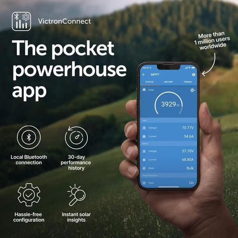 Smart Solar MPPT Bluetooth Charge Controller app display on smartphone showcasing power data and features outdoors.