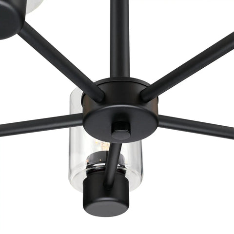 Close-up of Five Light Indoor Chandelier in Matte Black Finish With Clear Glass Cool Modern Vibe For Dining Rooms And Foyers