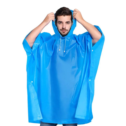 Man wearing blue Two Pack Reusable Rain Ponchos For Adults With Drawstring Hood, Waterproof And Durable Welded Seams, Lightweight Rain Gear
