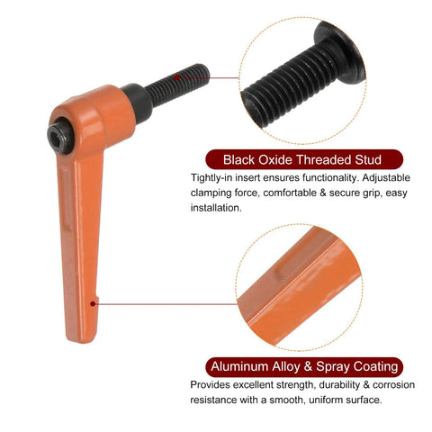 4 Pack Adjustable Clamping Lever Handles M6 X 20mm Male Thread With 50mm Levers 3mm Hex Socket Aluminum Alloy Orange Finish
