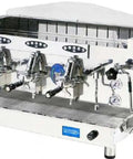 Front view of the Diamante Three Group Volumetric Espresso Machine In Ruby Red, 22.5 Liter Boiler, 230V, with dual pivoting steam wands.