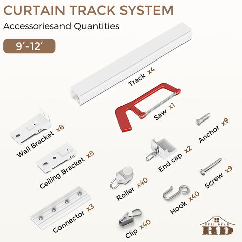 Accessory components for Built Tough Ceiling And Wall Mount Curtain Track System 9 To 12 Ft White with 40 Quiet Glide Rollers.