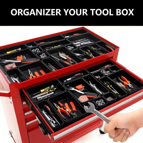 Open tool chest with 65 Piece Toolbox Organizer Trays Set With Five Sizes For Drawer Desk Garage And Tool Chest Durable Clear Dividers