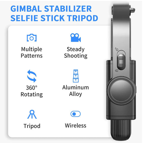 Smartphone Gimbal Stabilizer With Retractable Selfie Stick And Tripod showing features like 360 degree rotation and aluminum alloy