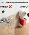 Mess Free Drill Dust Collector Box Attachment for home drilling, white and red, attached to wall, catching dust.