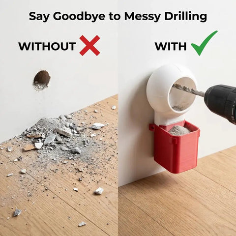 Mess Free Drill Dust Collector Box Attachment for home drilling, white and red, attached to wall, catching dust.