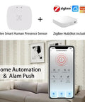 Smart 24GHz MmWave Motion Sensor With Zigbee Presence Detection app interface in smart home setting