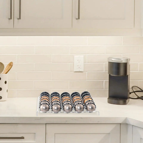 Coffee Pod Drawer Organizer For Nespresso VertuoLine Holds 30 Pods on kitchen countertop, clear acrylic design.