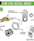 Installation components for 7/8 Inch Disc Tumbler Cam Lock Chrome Finish Keyed Alike 4 Pack With Keycode 644 shown. Includes keys.