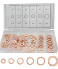110 Piece Copper Sealing Washer Set, Six Sizes, Flat Gasket Oil Seals for Plumbing and Automotive, storage box with washers