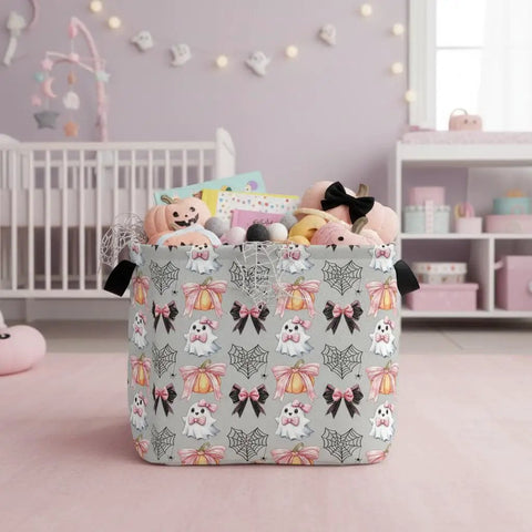 Dope Boo Halloween Basket For Kids With Pink Bow Glowing Ghost Canvas Trick Or Treat Tote filled with toys in pastel room.