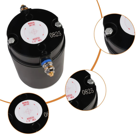 Seaforie 12V RV hydraulic pump motor, front view, black cylindrical unit with 1/4 hex drive and mounting bolts.