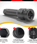 Close-up of One Half Inch Drive Master Impact Hex Bit Set, 5/8 inch CR-MO steel with laser marking and 4-point design
