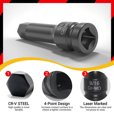 Close-up of One Half Inch Drive Master Impact Hex Bit Set, 5/8 inch CR-MO steel with laser marking and 4-point design