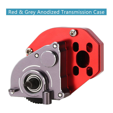 Red and grey anodized transmission case, part of 16G Complete Transmission Gearbox With Steel 0.3 Mod Gear Set For 1 24 Axial SCX24.
