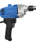 Heavy Duty Corded Mixing Drill With Six Speed Settings Up To Three Thousand Rpm side view showing blue and silver body, electric corded design.