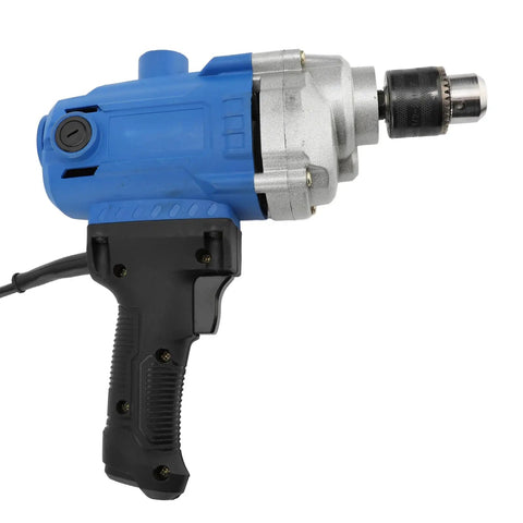 Heavy Duty Corded Mixing Drill With Six Speed Settings Up To Three Thousand Rpm side view showing blue and silver body, electric corded design.