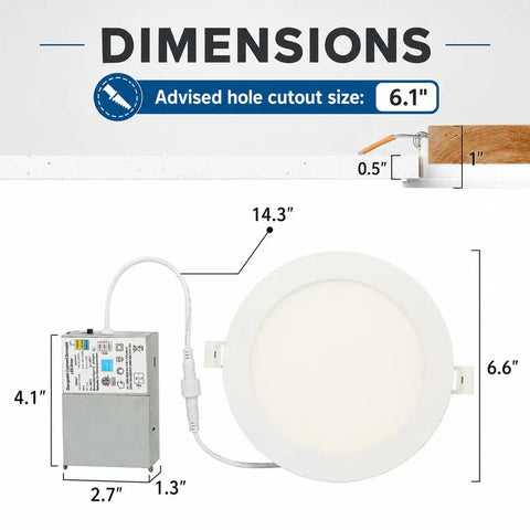LOG BARN 6 Inch LED Recessed Lighting with Junction Box, 3CCT 3000K/4000K/5000K Selectable, detailed dimensions image.