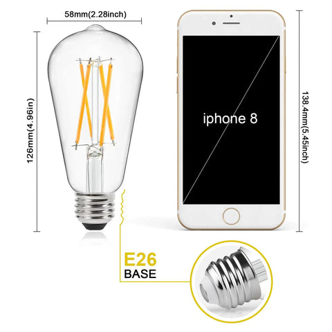 Vintage LED Edison Bulbs Set With Old School Vibe, 60 Watt Equivalent Bright Warm White 2700K, 95 Plus CRI, E26 base size comparison