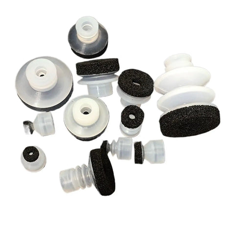 Heavy Duty Tianxing Big Head Manipulator Vacuum Suction Cup components arranged on a white surface for industrial automation uses.
