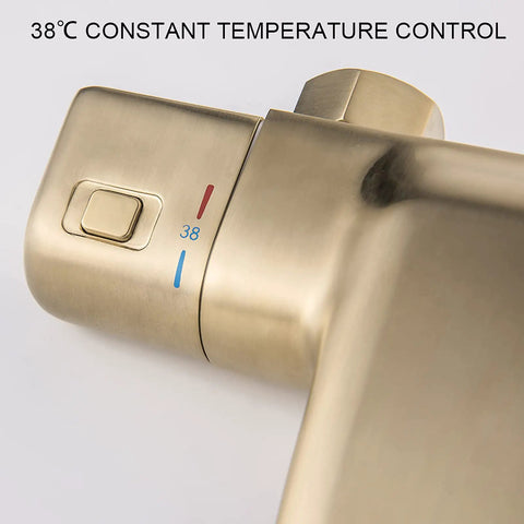 Slick Wall Mounted Thermostatic Shower System featuring smooth brass control knob with 38°C temperature settings.