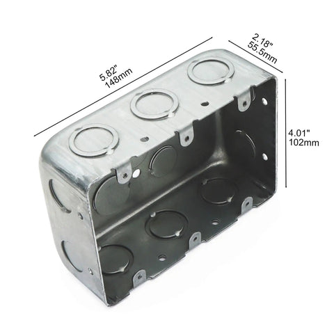 Three Gang Metal Electrical Box With Side TKOs And Bottom KO Raised Ground Hump Galvanized Steel Construction Measures Five Point Eight Inch Long By Four Point One Inch Wide By Two Point Two Inch Deep One Pack For Multi Device Use Compatible With Six