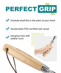 Hand Cultivator With 9-Teeth Rake with solid wood handle and leather cord, ergonomic grip showcased for tight space garden beds.