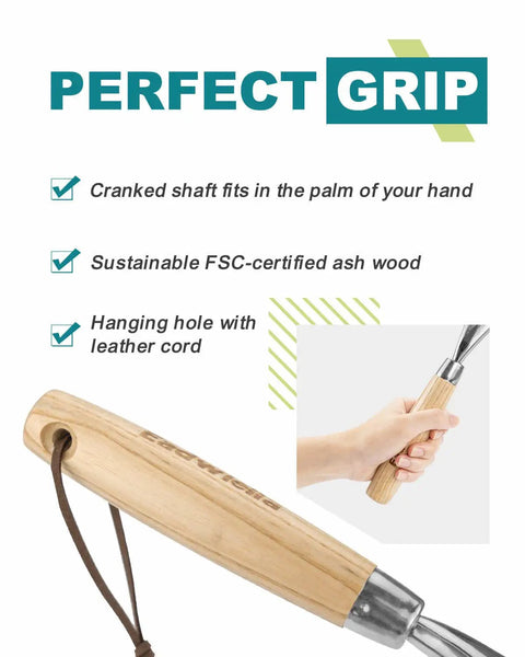 Hand Cultivator With 9-Teeth Rake with solid wood handle and leather cord, ergonomic grip showcased for tight space garden beds.