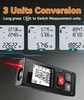 Heavy Duty Digital Laser Distance Meter 131 Ft Measuring Tool displaying laser readings and 3 units on LCD screen.