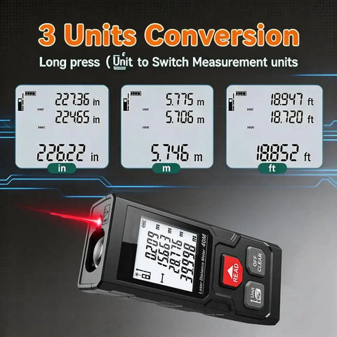 Heavy Duty Digital Laser Distance Meter 131 Ft Measuring Tool displaying laser readings and 3 units on LCD screen.