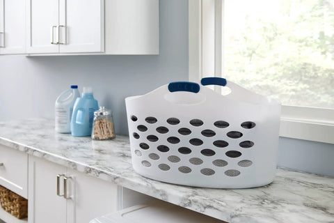 1.5 Bushel Portable Laundry Basket With Flexible Design Durable Build And Easy One Hand Carry Handles in laundry room