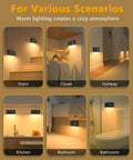 Image showing Motion Sensor Night Lights 4 Pack Wireless Indoor Lighting illuminating stairs, closet, hallway, kitchen, bedroom, and bathroom.