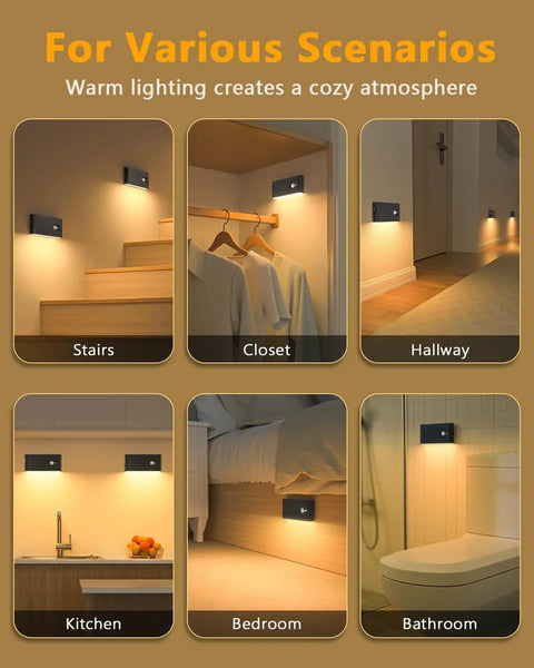 Image showing Motion Sensor Night Lights 4 Pack Wireless Indoor Lighting illuminating stairs, closet, hallway, kitchen, bedroom, and bathroom.