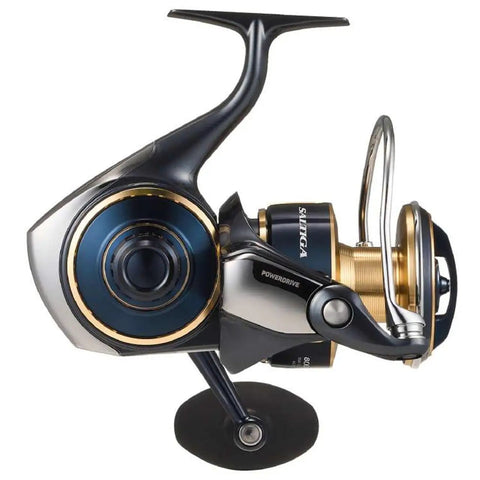 Side view of Saltiga Spinning Reel Saltwater Big Game Ready Model SALTG10000H G Series showing strong drag and corrosion resistant build.