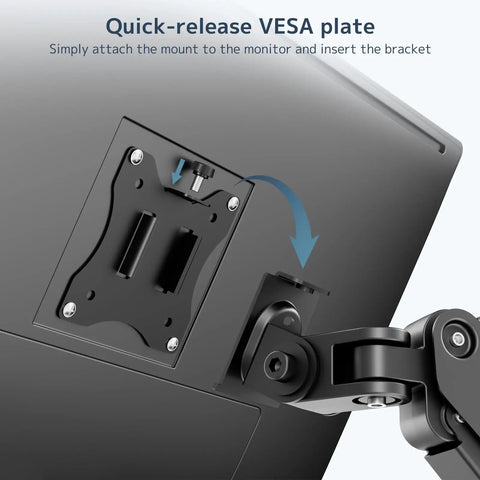 Quick-release VESA plate on Rugged Pole Mount Monitor Arm Featuring Smooth Gas Spring Design For 17 To 32 Inch Displays.