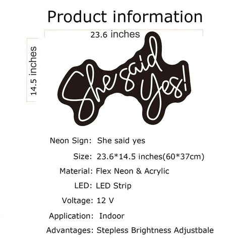 She Said Yes Neon Sign Led Light For Weddings And Parties White 60cm Bride Glow Sign product information with dimensions