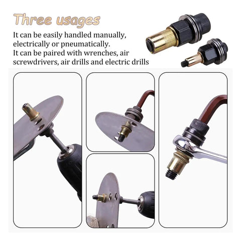 No Sweat 7 Piece Hand Rivet Nut Tool Kit Built From Hardened Carbon Steel, showing three usages with wrenches and electric drills.