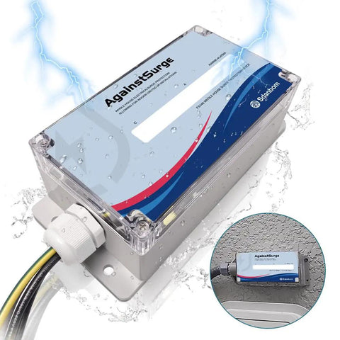 Heavy Duty Whole House Surge Protector Rated At 140,000 Amps That Safeguards Your TV, Computer, Smart Appliances, HVAC And More, Easy Install Plug And Play Home Surge Guard For Solid Peace Of Mind, shown with clear casing and status LEDs.