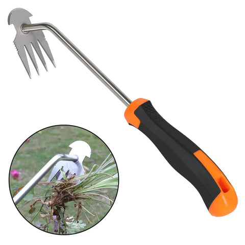Weed Remover Tool Garden Weeder With Long 13 Inch Handle Four Tooth Uprooting Tool Stainless Steel Build Rubber Grip In Use