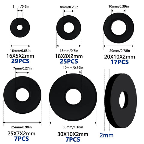 85 Piece Flat Rubber Washers Assortment Kit For DIY Fixes And Everyday Home Repairs With Five Sizes 16Mm X 5Mm, 18Mm X 8Mm, 20Mm X 10Mm, 25Mm X 7Mm, 30Mm X 10Mm Thick 2Mm Sealing Gaskets