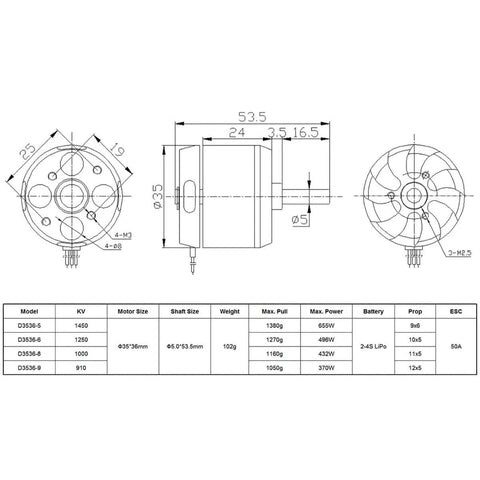 Technical drawing of D3536 1450KV Brushless Outrunner Motor For Beefy RC Multicopters And Fixed Wing UAVs, 5.0mm Shaft