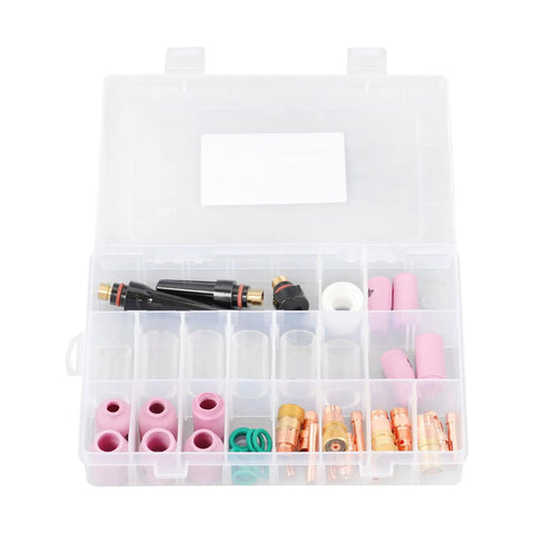 Pro Grade 49 Piece TIG Welding Torch Kit With Gas Lens, Alumina Nozzles, Glass Cups, and Copper Collets in a storage box