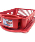 Red Ultra Sink Set 2-Piece Dish Rack With Detachable Drain Board, Plastic Kitchen Drying Caddy For Plates Cups And Cutlery