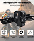 Three In One Motorcycle Handlebar Switch With Headlight Horn And Turn Signals Easy On Off Controller For Motorbike E Bike And E Scooter Durable Three Function Headlight Horn And Turn Control Button Set shown with icons and cables highlighted.