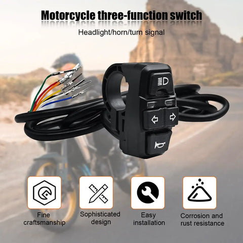 Three In One Motorcycle Handlebar Switch With Headlight Horn And Turn Signals Easy On Off Controller For Motorbike E Bike And E Scooter Durable Three Function Headlight Horn And Turn Control Button Set shown with icons and cables highlighted.