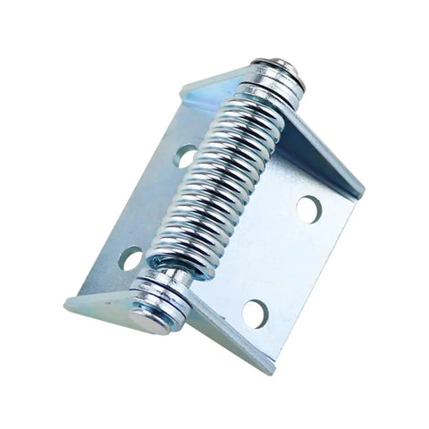Close-up of industrial high-capacity self-closing hinge with large coil spring on a metal mounting plate