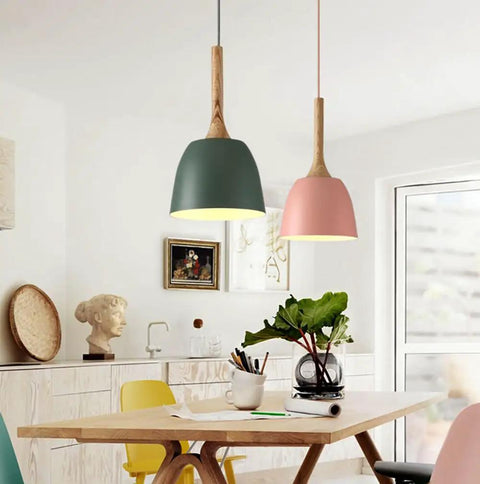 Modern Pendant Lights Kitchen Island, Solid Wood Hanging Lamp with Matte Black Metal Shade, Farmhouse Light Fixtures for Dining Room, Bedroom, Living(Blue,8.6in) in green and pink.